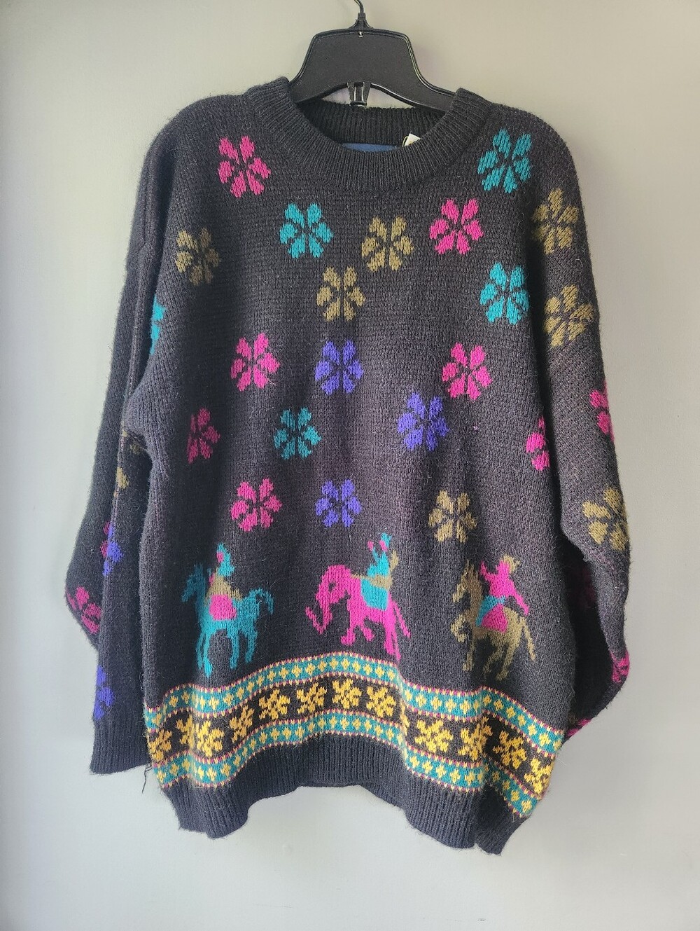 Bay Club 80s 90s Floral Animals Geometric Pattern Knit Sweater - Picture 1 of 10